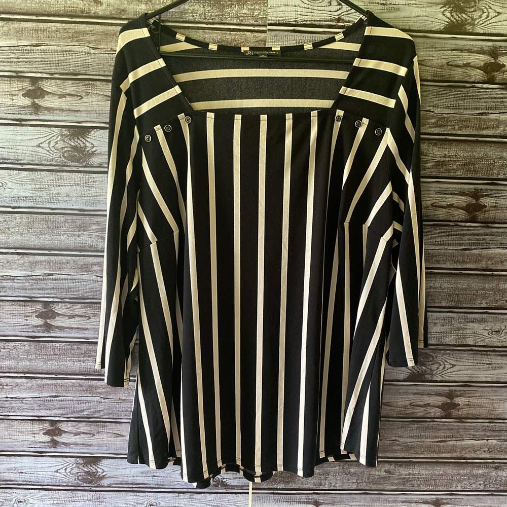 Adrianna Papell Women's Long-Sleeved Top Size 1X Black Striped Square Neck